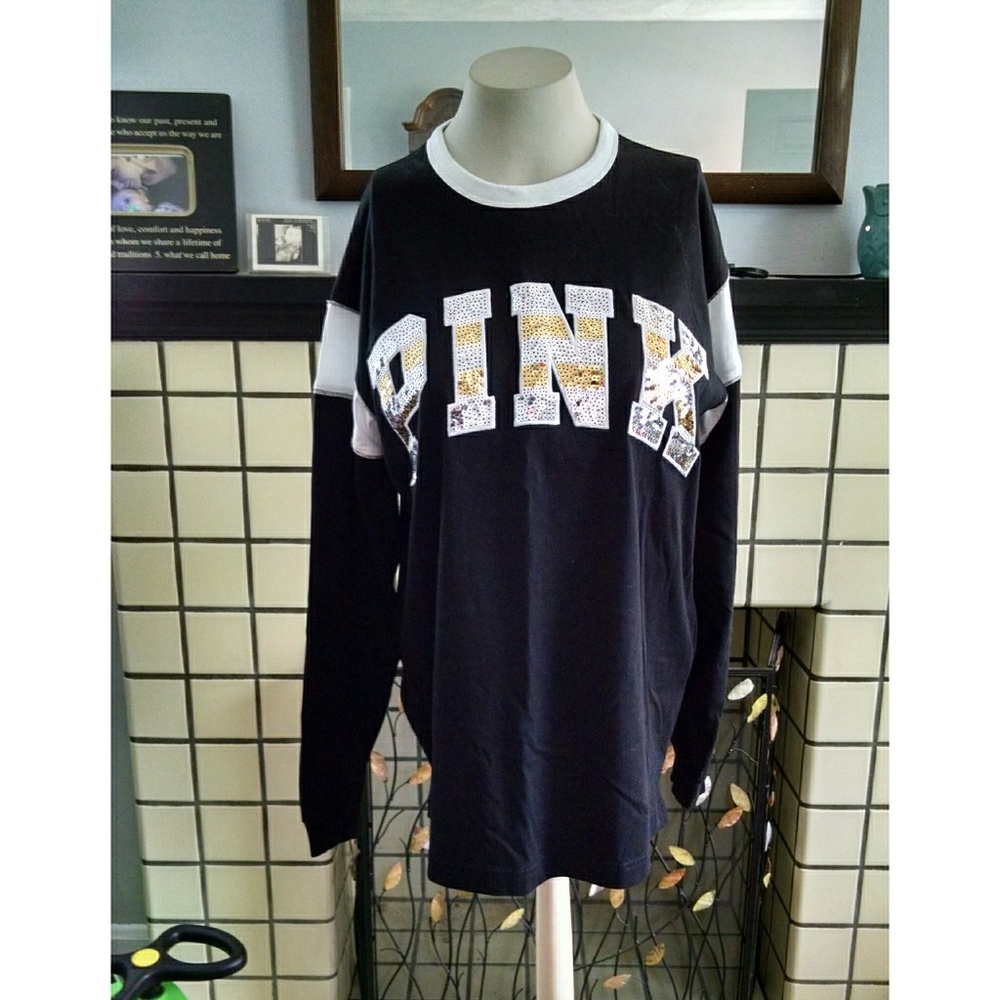 NEW VS PINK Bling Ringer Campus Long Sleeve Tee